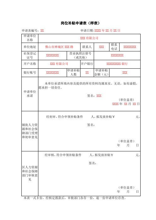 岗位补贴申请表(样表)