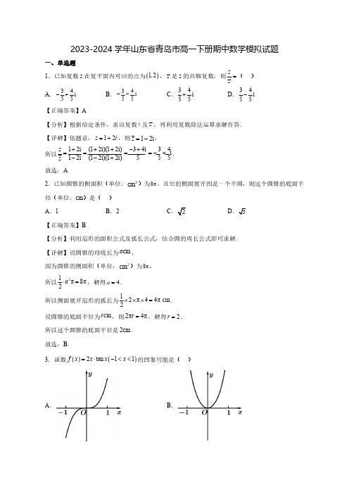 2023-2024学年山东省青岛市高一下学期期中数学质量检测模拟试题(含答案)