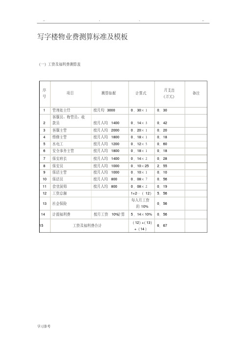 写字楼物业费测算标准及模板