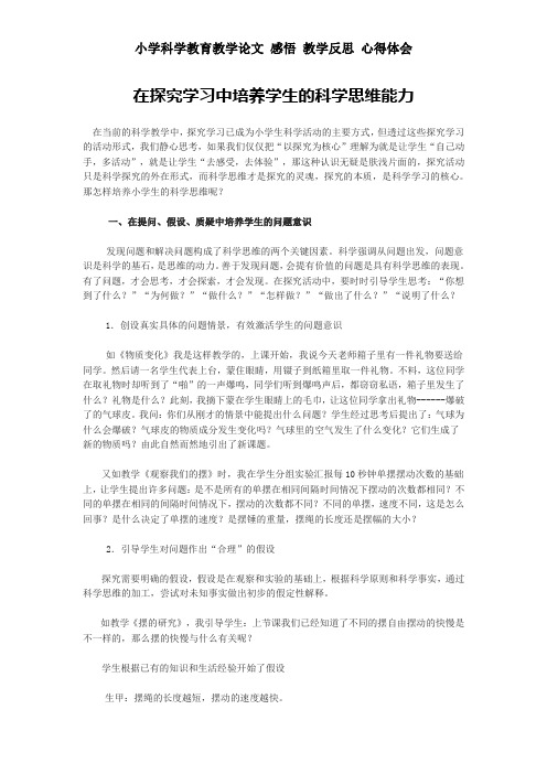 小学科学教育教学论文 感悟 教学反思 心得体会——在探究学习中培养学生的科学思维能力