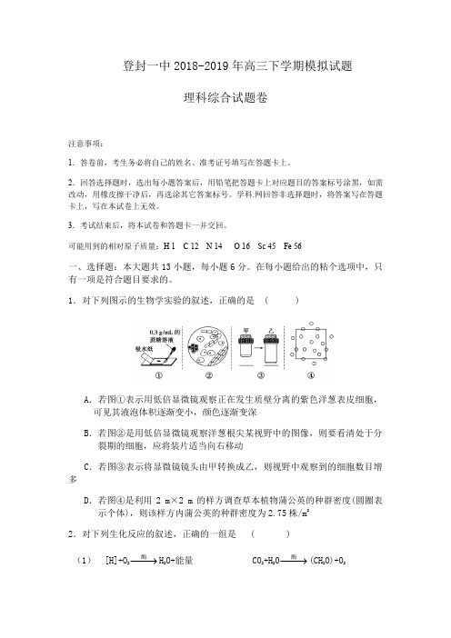 河南省登封一中2018-2019年高三下学期模拟试题理科综合(含答案)