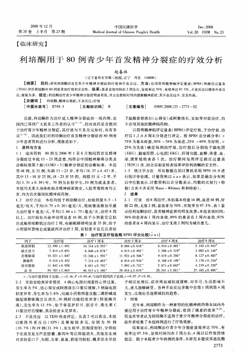 利培酮用于80例青少年首发精神分裂症的疗效分析