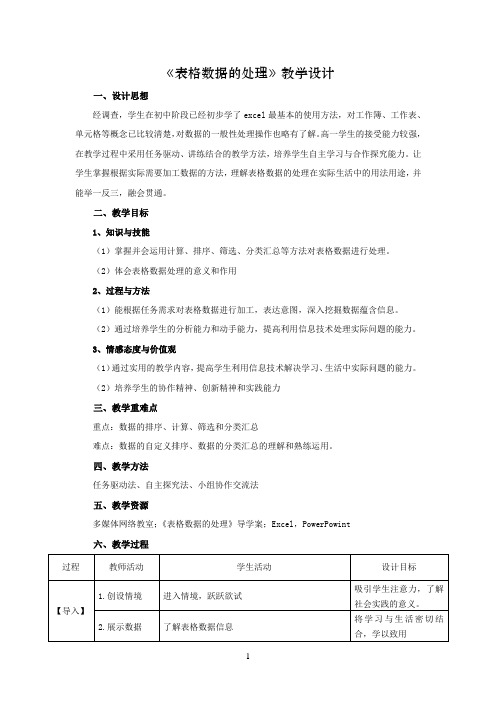 高中信息技术_表格数据的处理教学设计学情分析教材分析课后反思