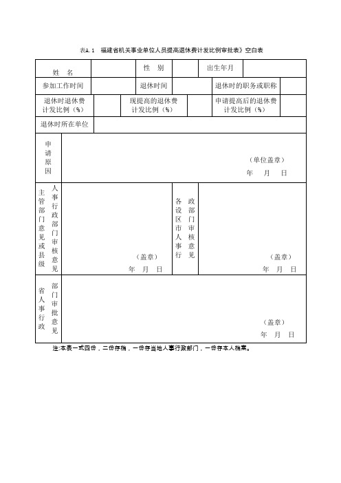 福建机关事业单位人员提高退休费计发比例审批表空白表