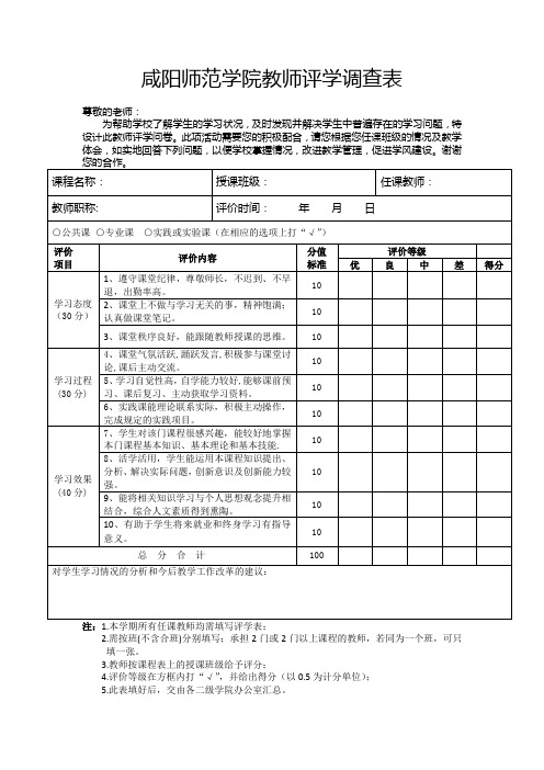 咸阳师范学院教师评学调查表
