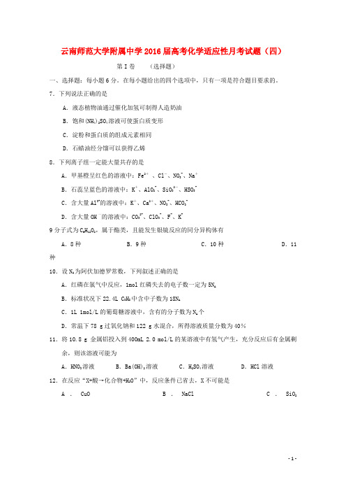 云南师范大学附属中学高考化学适应性月考试题(四)