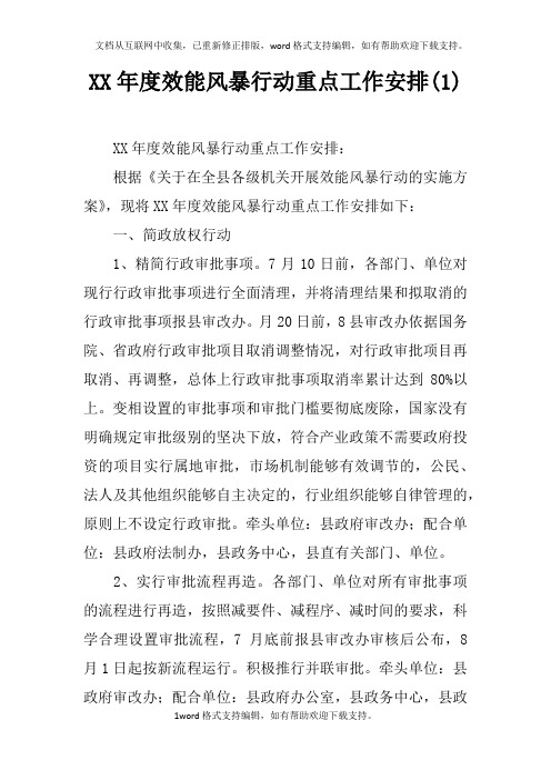 XX年度效能风暴行动重点工作安排(1)
