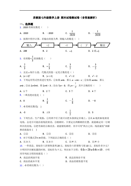 苏教版七年级数学上册 期末试卷测试卷(含答案解析)