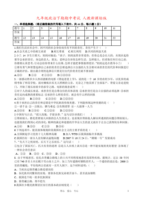 九年级政治下期期中考试 人教新课标版