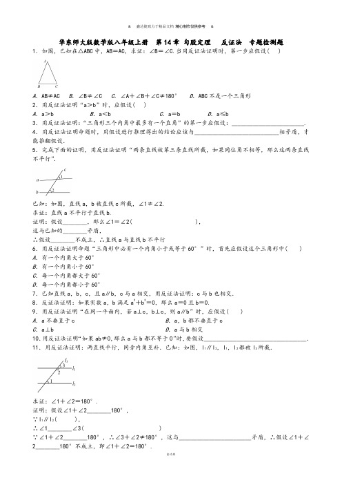 华师大版八年级数学上册第14章 勾股定理   反证法  专题检测题.docx