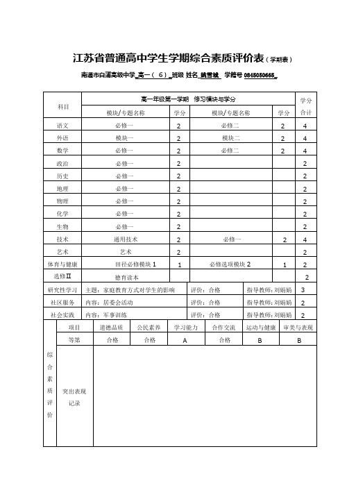 江苏省普通高中学生学期综合素质评价表(学期表)(论文资料)