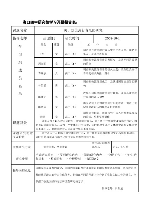海口四中研究性学习开题报告表