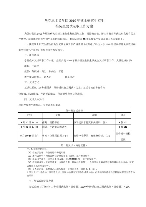 马克思主义学院2019年硕士研究生招生推免生复试录取工作方案