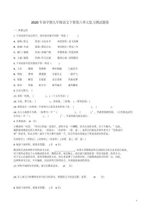 2020年春学期九年级语文下册第六单元复习测试题卷附答案详析