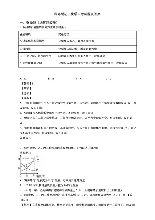 科粤版初三化学中考试题及答案