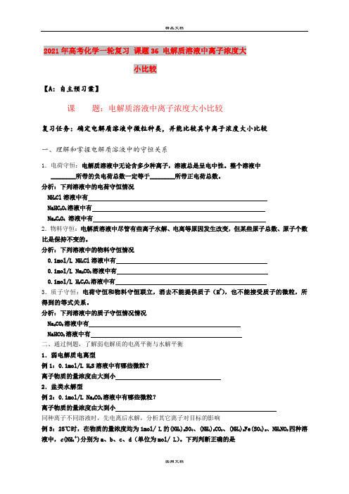 2021年高考化学一轮复习 课题36 电解质溶液中离子浓度大小比较
