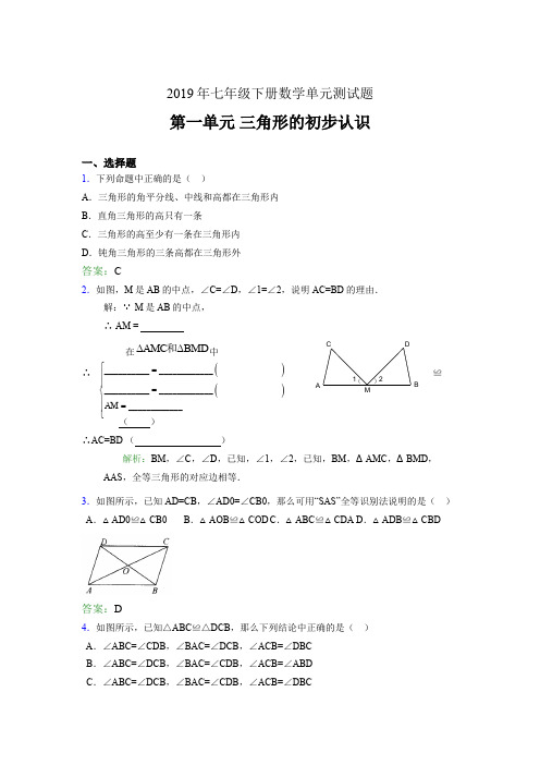 最新2019年七年级下册数学单元测试题《三角形的初步认识》模拟考试(含参考答案)