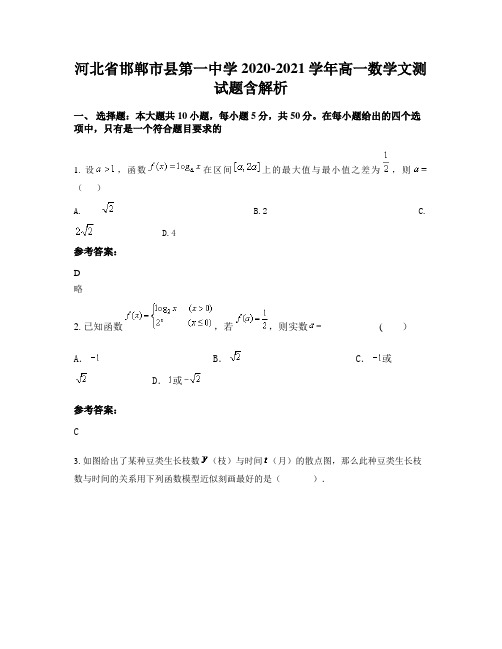 河北省邯郸市县第一中学2020-2021学年高一数学文测试题含解析