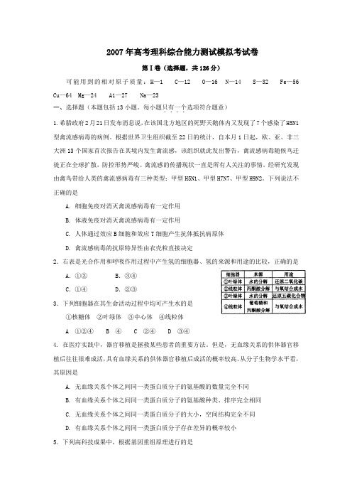 2007年高考理科综合能力测试模拟考试卷