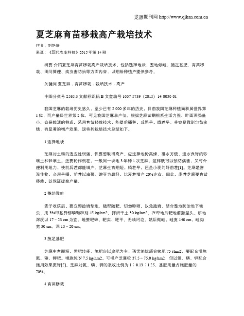 夏芝麻育苗移栽高产栽培技术