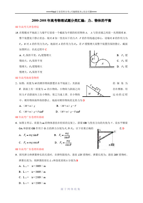 2000-2008年高考物理试题分类汇编：力、物体的平衡-.doc
