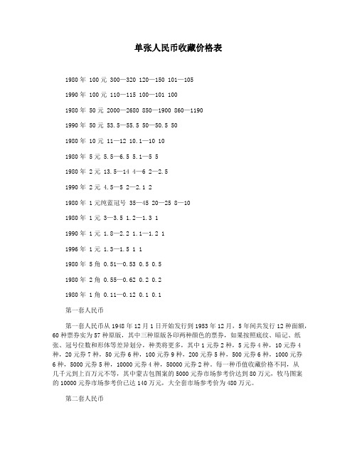 单张人民币收藏价格表