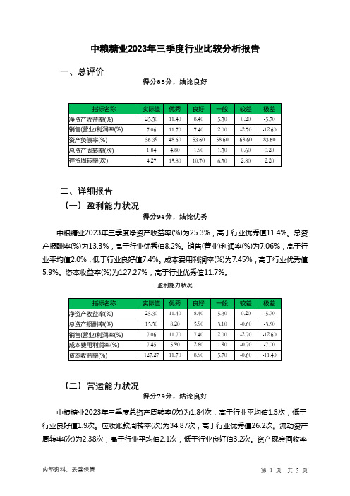 600737中粮糖业2023年三季度行业比较分析报告