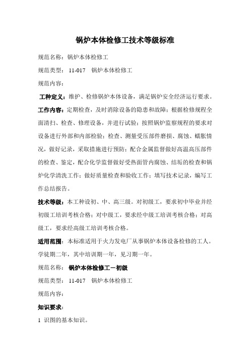 锅炉本体检修工技术等级标准