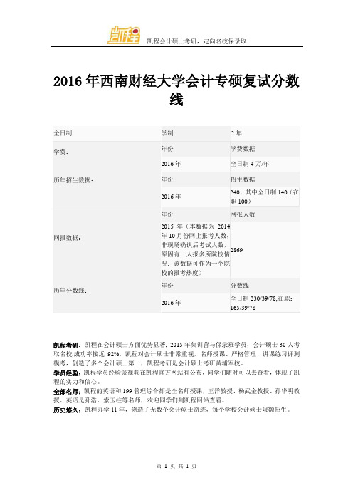 2016年西南财经大学会计专硕复试分数线