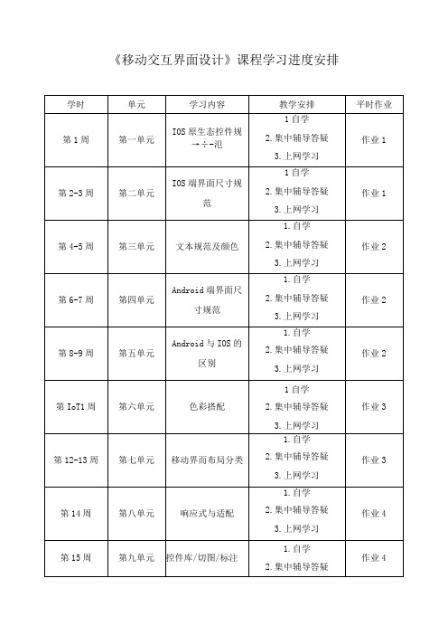 移动交互界面设计课程学习进度安排