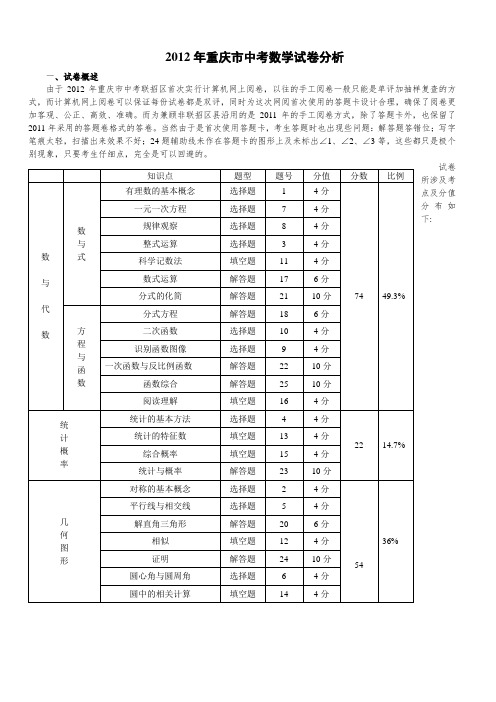 2012年重庆市中考数学试卷分析