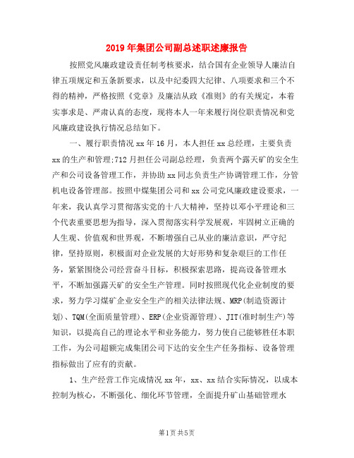 2019年集团公司副总述职述廉报告