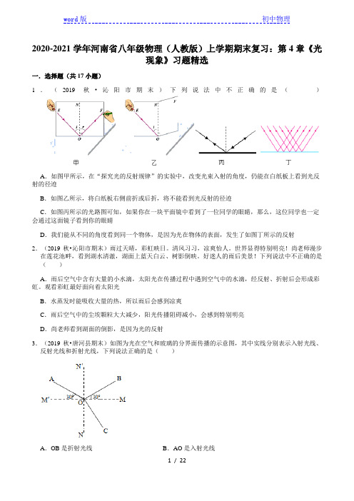 2020-2021学年河南省八年级物理(人教版)上学期期末复习：第4章《光现象》习题精选