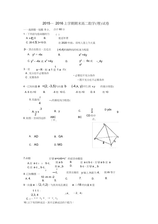 吉林省吉林市第五十五中学2015-2016学年高二数学上学期期末考试试题理