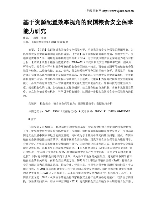 基于资源配置效率视角的我国粮食安全保障能力研究