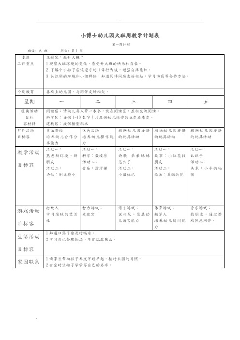 小博士大班幼儿园周工作计划表