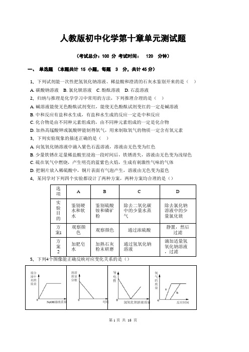人教版初中化学第十章单元测试题(含答案)