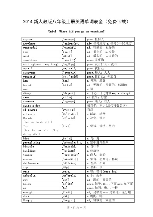 2014新人教版八年级上册英语单词表全