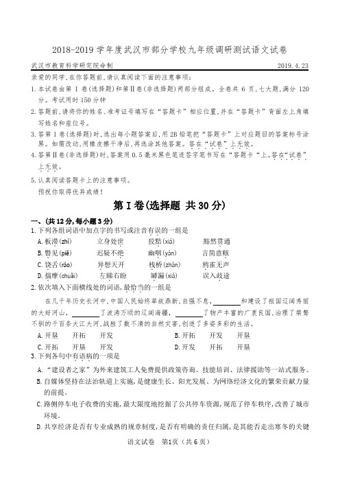 2018-2019学年度武汉市部分学校九年级调研测试语文试卷
