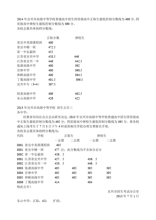 2014年和2013年宜兴市中考录取分数线