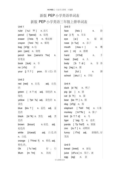 (完整版)新版PEP小学英语单词表