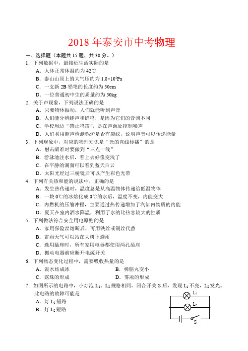 2018年泰安中考物理试题及其答案