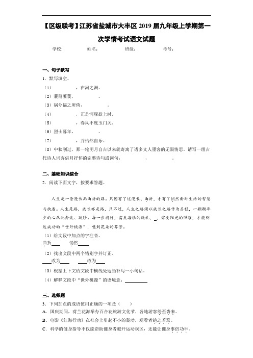 江苏省盐城市大丰区2019届九年级上学期第一次学情考试语文试题(答案解析)