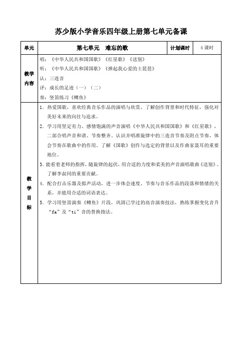 苏少版小学音乐四年级上册第七单元备课