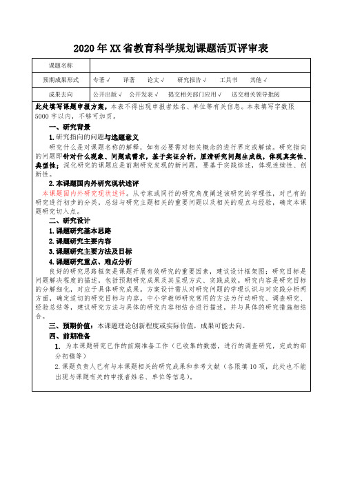 2020年XX省教育科学规划课题活页评审表【模板】