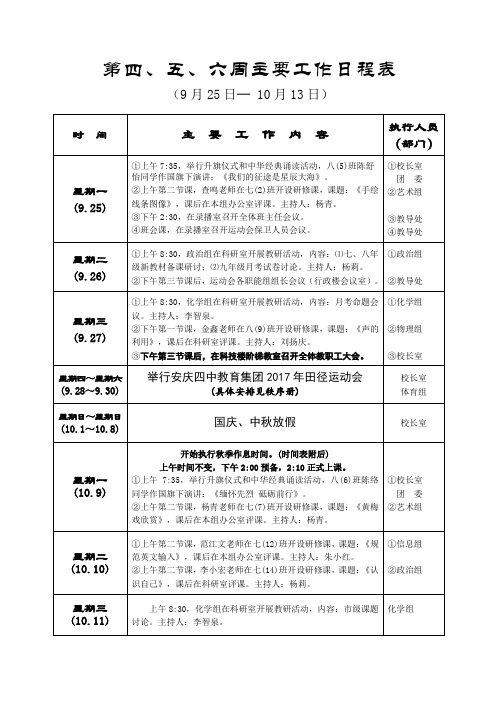 第四、五、六周主要工作日程表