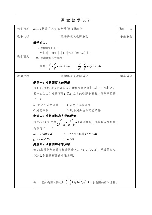 高中数学选修1-1 2.1.1 椭圆及其标准方程2 教案