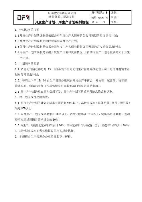 月度生产计划、周计划编制规程