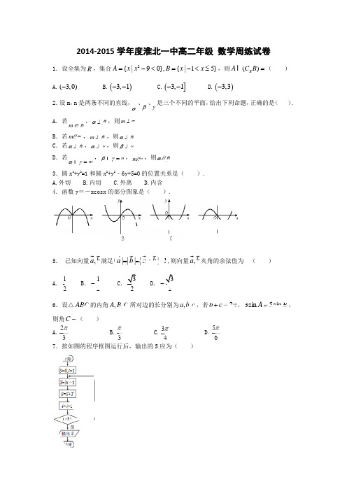 淮北一中高二年级周练数学理科试卷