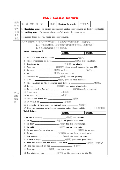 陕西省西安交大阳光中学高中英语 Revision for words导学案(教师版)新人教版选修7
